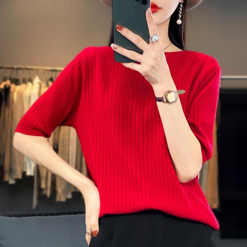 Five Quarter Sleeve Knitted Sweater for Women Solid Color Loose Sweater Casual Base Shirt French Style Mid Sleeve Sweater for Autumn