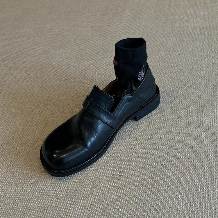 Sheepskin version~ genuine leather polished retro versatile small leather shoes women's British style single shoes belt buckle one pedal loafers