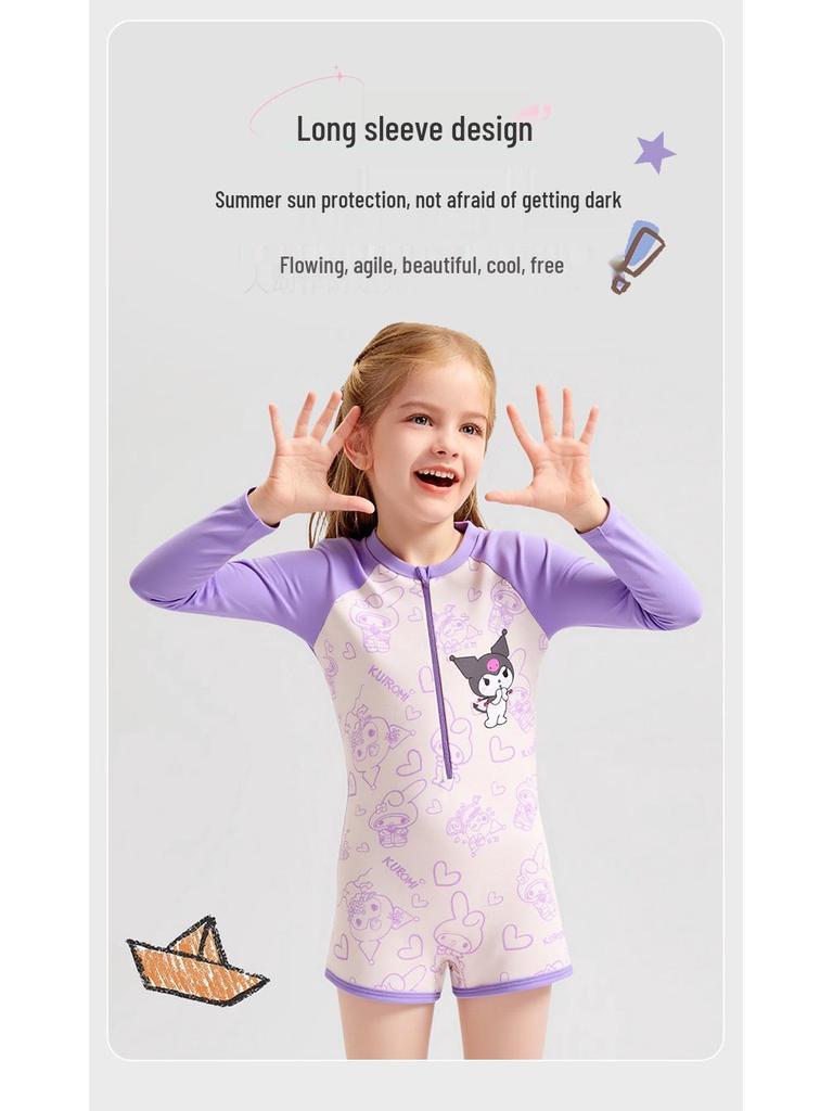 Kuromi Girls' Long Sleeve Sun Protection One-Piece Swimsuit for Kids - Professional Training Boxer Style