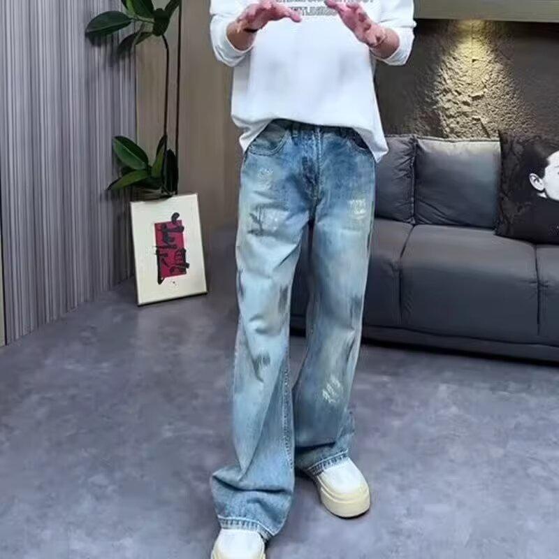 Autumn American retro washed cat whisker jeans men's and women's straight versatile neutral style wide-leg pants