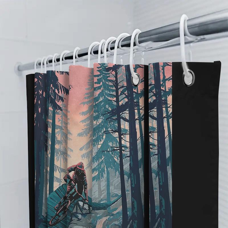 Mountain Bike Shower Curtain Nature Forest Scenic Outdoor Adventure Sports Gym Decor Waterproof Bathroom Fabric
