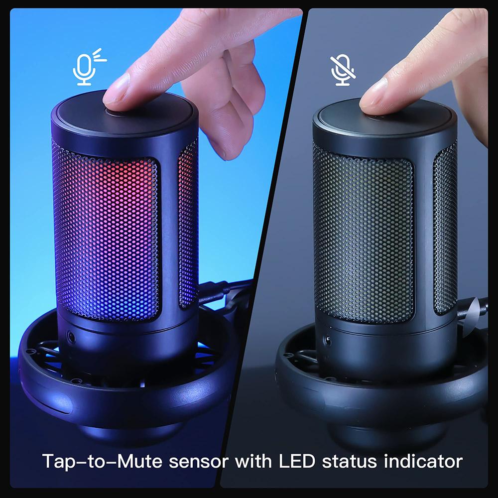 USB Condenser Microphone for PC Computer Gaming Mic for PS4/PS5/Mac Fast Mute RGB Lights Shock Mount Gain Knob Sound Monitor