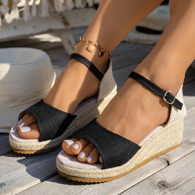 Fashion Zoki Buckle Strap Wedge Heel Sandal for Women Summer Woven Thick Bottom Gladiator Sandalias Mujer Non Slip Platform Sandles 43