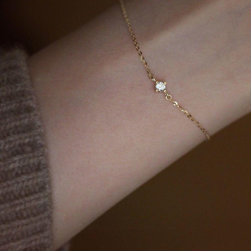 Sterling Thin Chain Bracelet With 14K Gold Plated CZ Stone Geometric Rhombus Design Daily Wear Layering