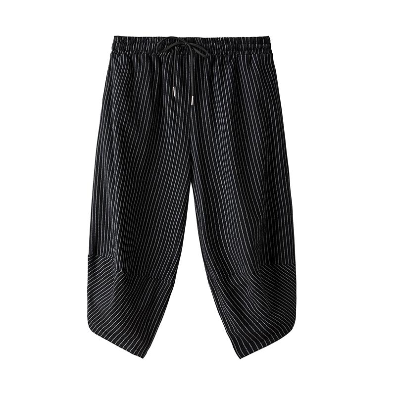 Harajuku Casual Wide Leg Harem Pants Men 2024 Summer Cotton Baggy Pants Striped Calf Length Trousers