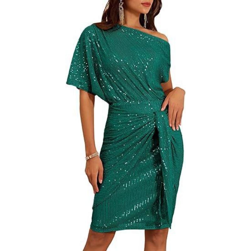 gold sequin one-shoulder short sleeve twist waist bodycon cocktail dress for women