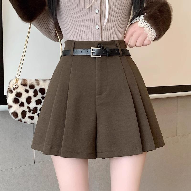 

2024 Осень/Зима Шорты с высокой талией из смесовой шерсти плиссе - Женские А-силуэта с широкими штанинами повседневные брюки в стиле сапог XL кофейный