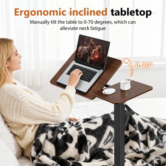 31.5" Mobile Standing Desk with 70-degree Tiltable Desktop, Overbed Bedside Table with Wheels, Height Adjustable Rolling Laptop Desk for Home Office,