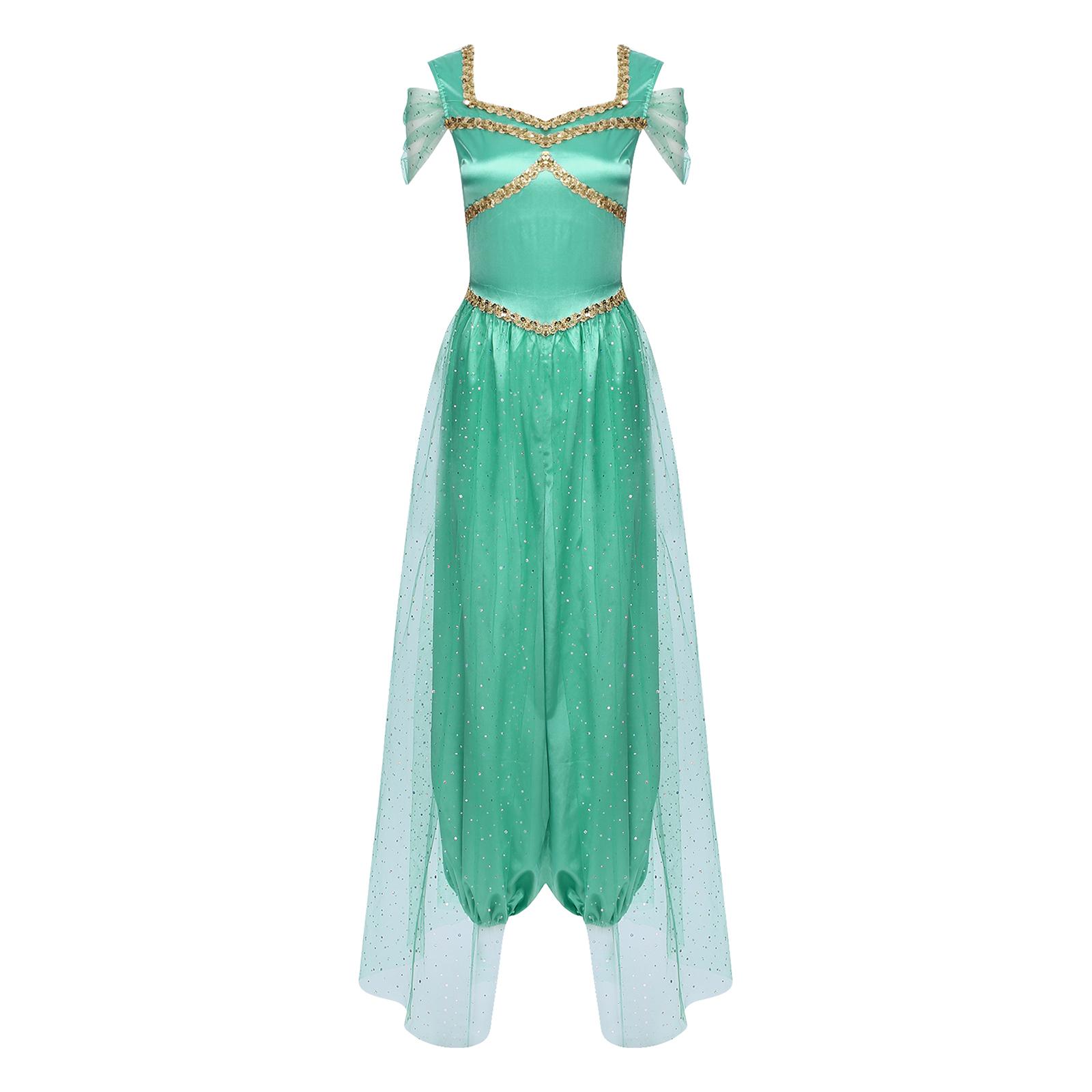 

Womens Belly Dance Jumpsuit Sequin Trim Pumpkin Pants Tulle Overlay One Piece Romper Halloween Arabic Cosplay Party S бірюзовий