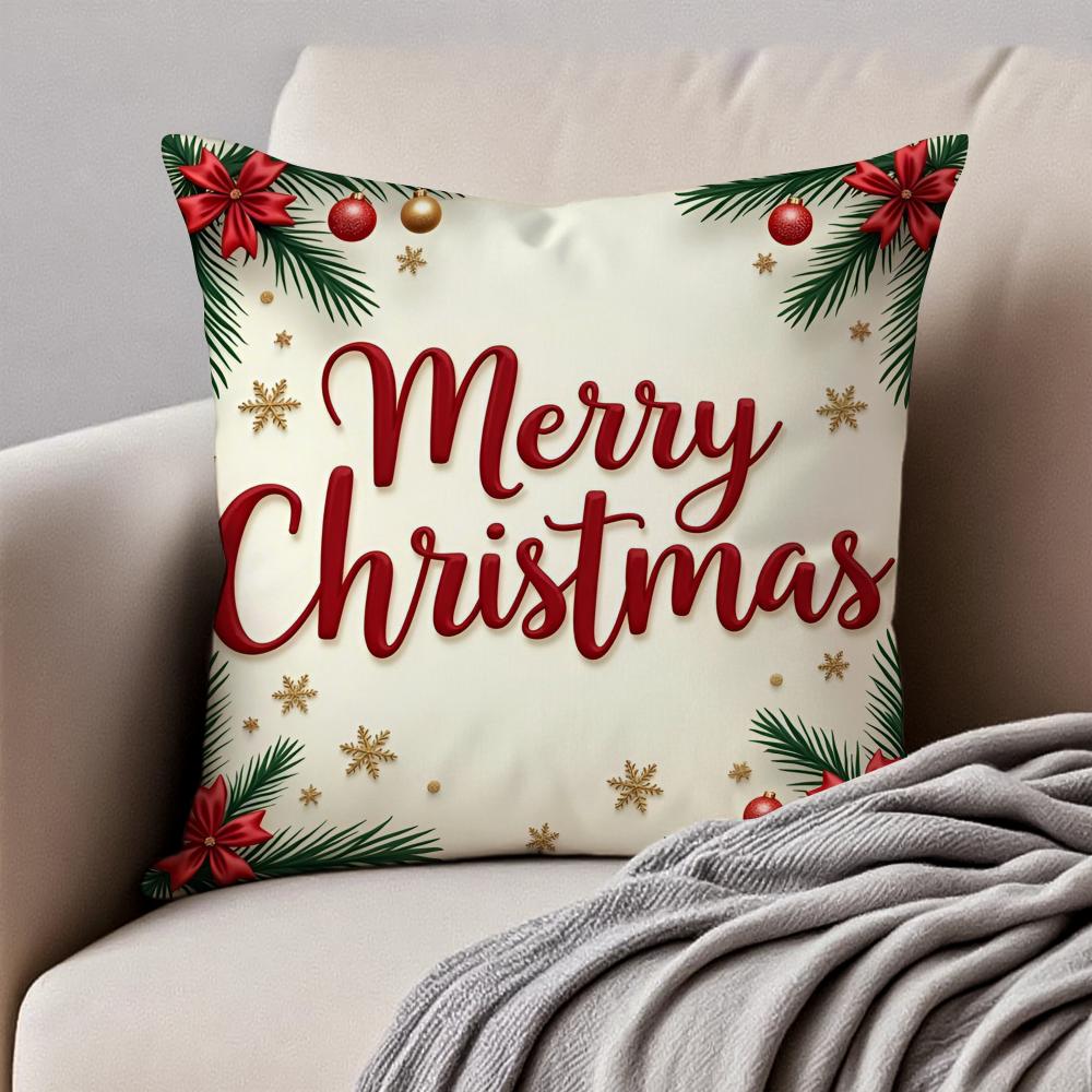 Happy Red Festive Cozy Art Merry Christmas Cushion Cover Pillowcase Anti-Dustmite Invisible Zipper Short Plush Sofa Cushion