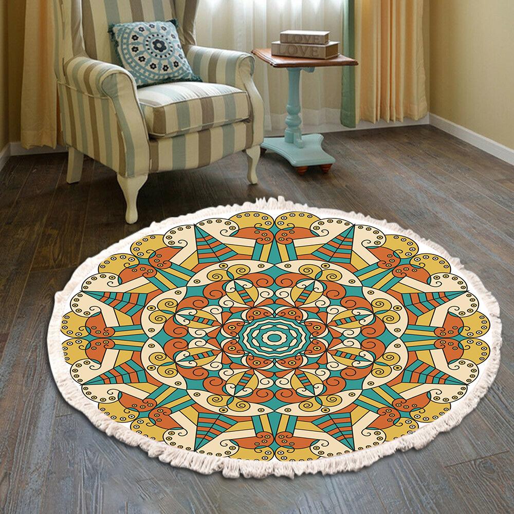Nordic Cotton and Linen Home Leisure Non-slip Fringed Printed Round Carpet Living Room Floor Mat Bedroom Bedside Blanket