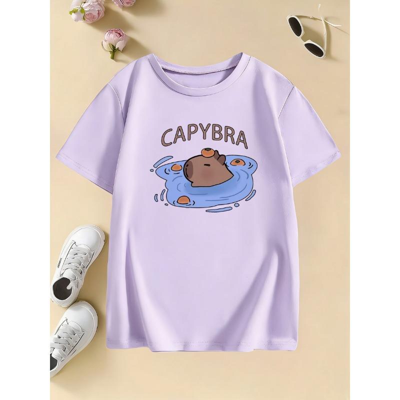 Summer and Spring Children's Swim Cap T-shirt with Capybara Print, Cartoon Short-sleeve Top