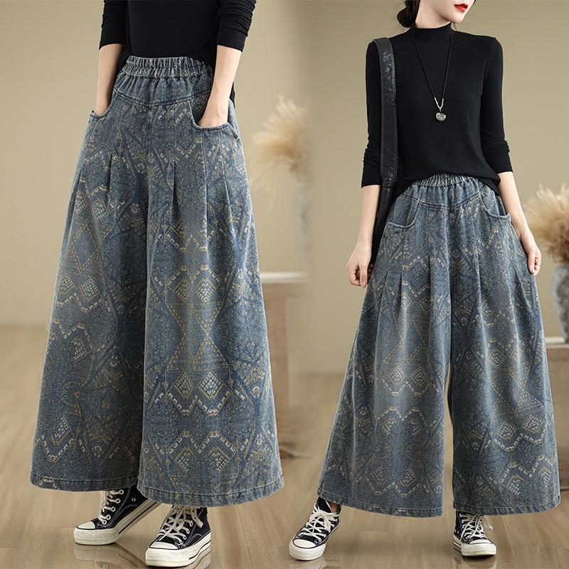 Vintage Tryck Denim Vida Ben Byxor Kvinnor Sommar Hög Midja Lös Raka Jeans Streetwear Casual Sommar Kvinnobyxor