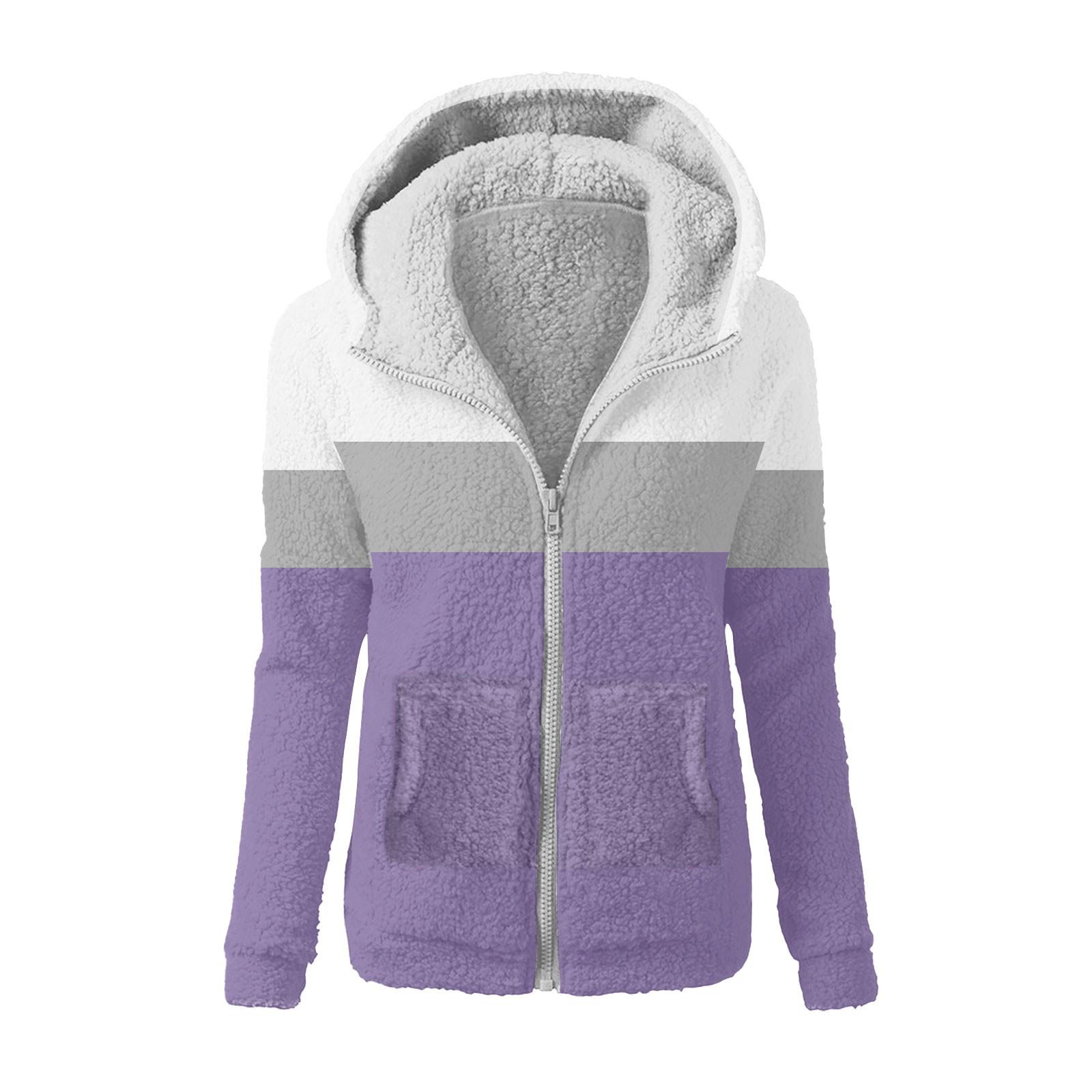

Женская модная полосатая лоскутная набивная плюшевая повседневная куртка на молнии с капюшоном L фиолетовый