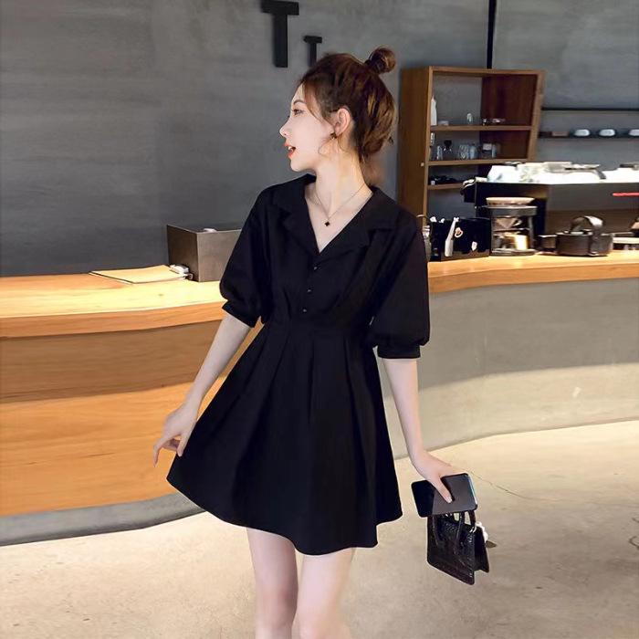 

Летнее французское ретро-платье черного цвета 2024 года: Женский костюмный воротник, дизайн, подчеркивающий талию 2XL чёрный