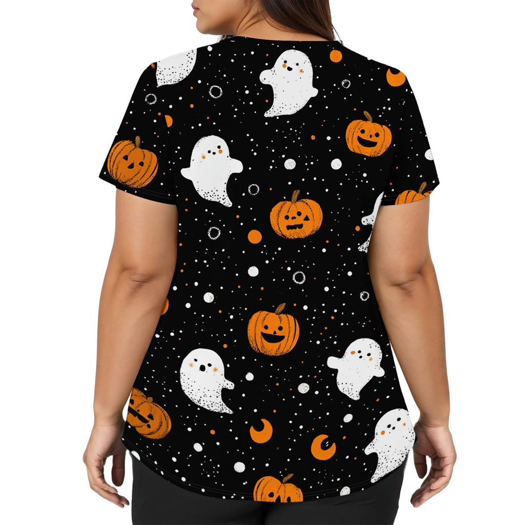Halloween Print V Neck Short Sleeve Nurse Scrub Top with Dual Pockets and Side Slits Medical Uniform Shirt for Healthcare Professionals