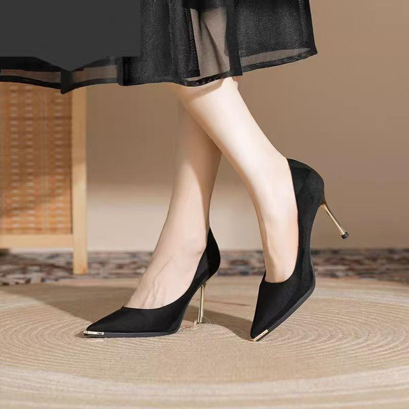 Fashion Women's Thin Heel Shoes Autumn New Metal Pointed Shallow Mouth Anti-slip Wear-resistant High Heels