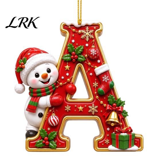 Decorative Gift Tags Cute Snowman Letter Christmas Ornament, 2D Flat Personalized A-Z Alphabet Tree Ornaments Acrylic Hanging Pendant for Xmas