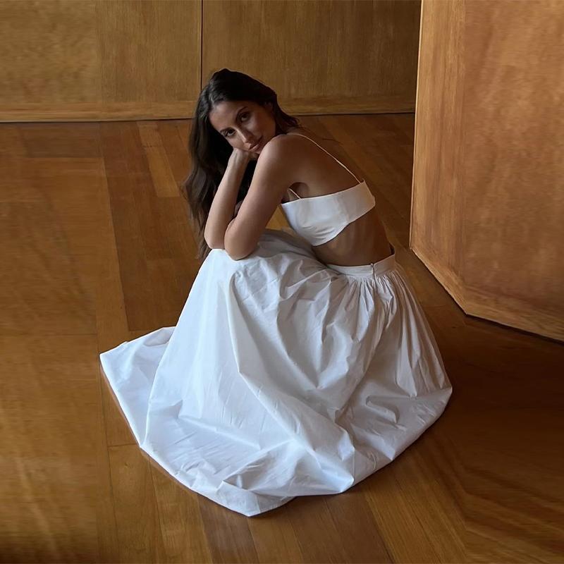 Women Elegant Cotton Camisole Top Casual Skirt Suit 2025 Spring and Summer Fashion Solid Color Sexy Wrapped Vest Long Skirt Set