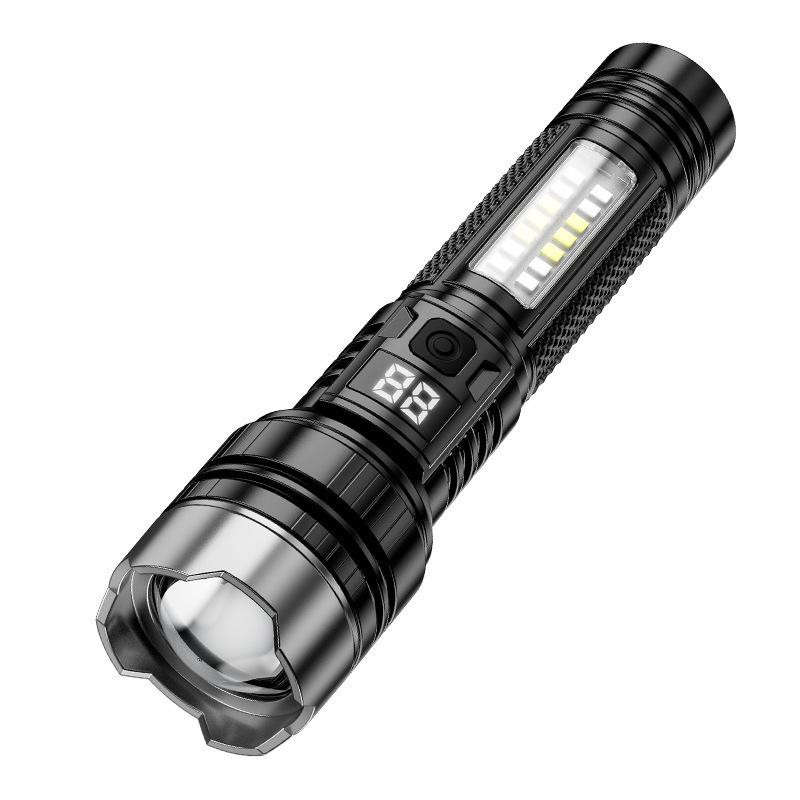 Temu 115B Multi-Function Rechargeable Flashlight: Strong Light, Zoomable, with Digital Display for Outdoor Patrol and Night Fishing Emergencies.