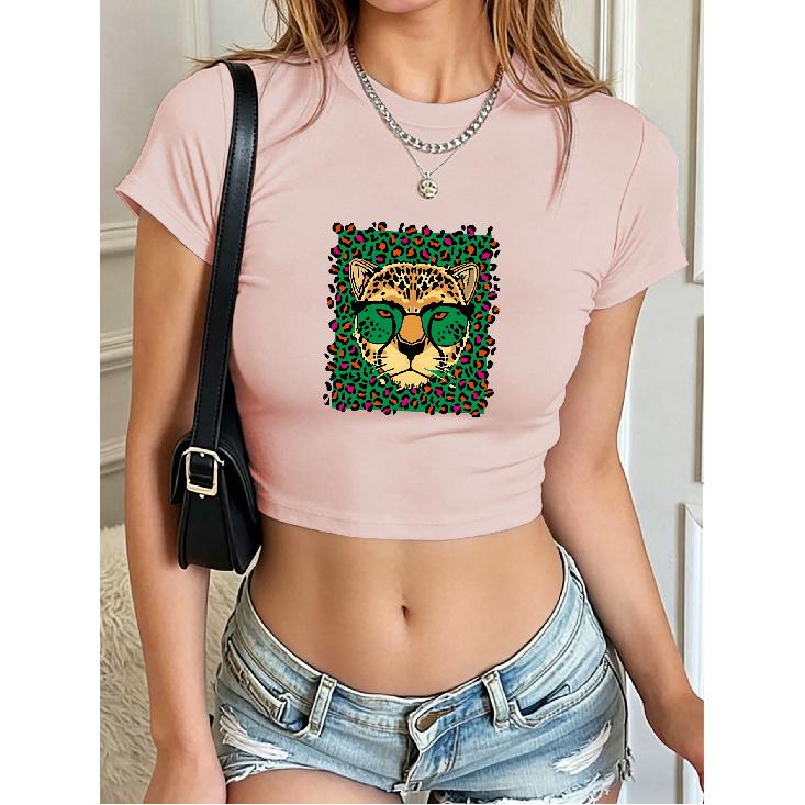Hot girl outfit, short style T Women s T-shirt Trendy leopard print glasses with leopard head print, round neck style Comfortable, slim-fitting, and S