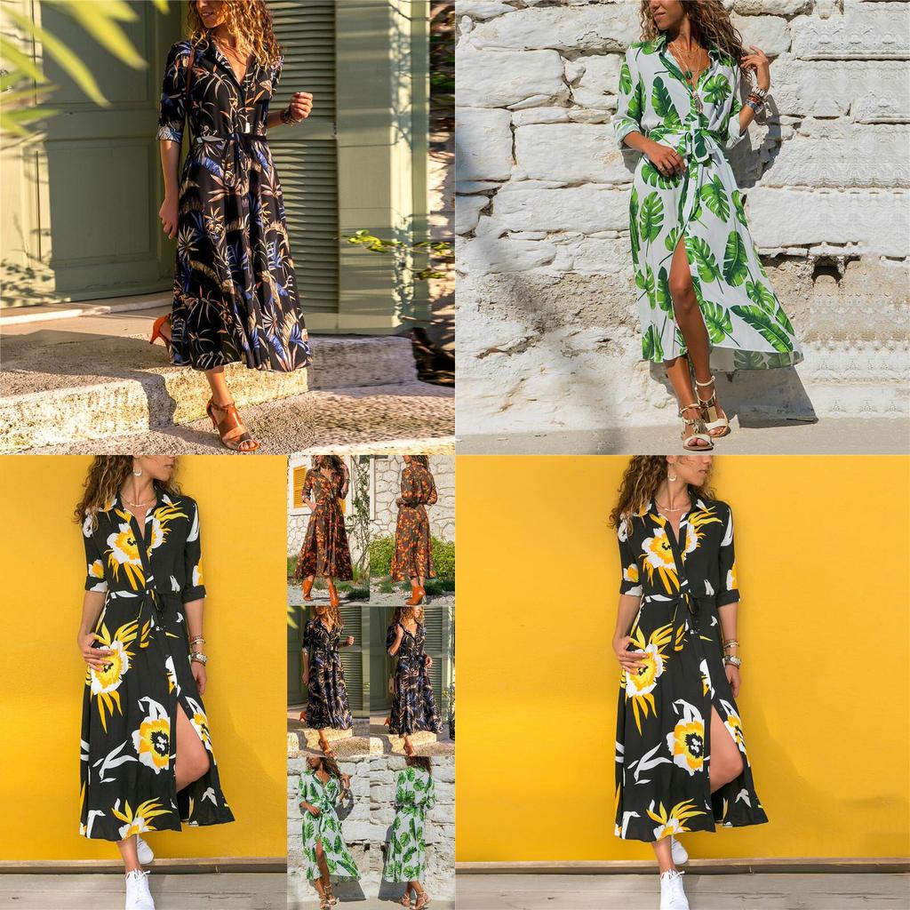 Elegant Women Long Sleeve Loose Split Maxi V-neck Button Shirt Dress Sundress