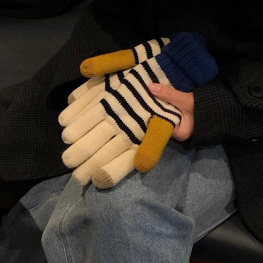 Winter Fleece and Thickened Touch Screen Color Blocking Striped Gloves for Girls Korean Version Instagram Cute Student Cycling Warm Gloves