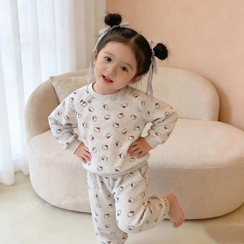 Baby Girls' Cute Cartoon Print Two-Piece Set: Round Neck Sweatshirt & Joggers