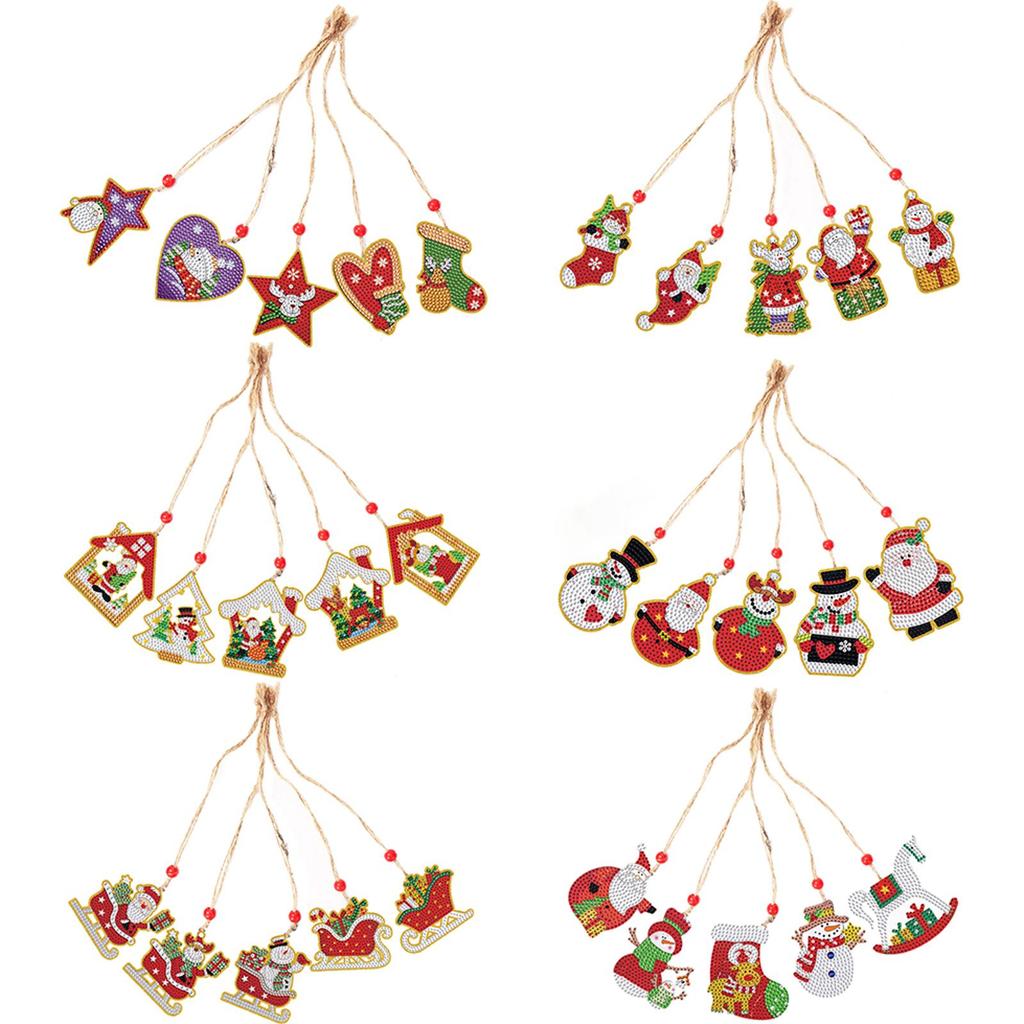 5pcs Xmas Theme 2D/Flat DIY Hanging Diamond Art Kits Rhinestone Diamond Art Window Pendants Diamond Art Christmas Tree Ornament