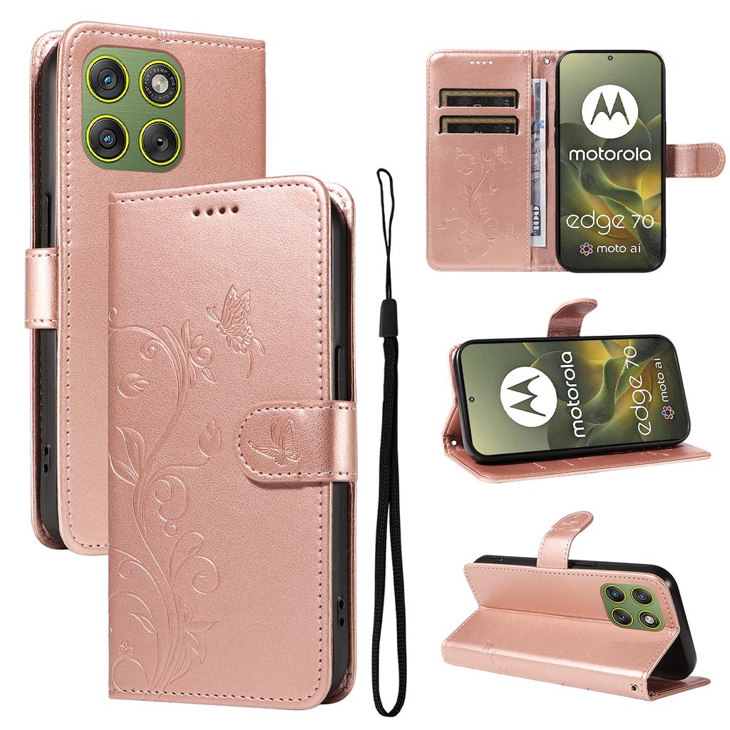 For Motorola Edge 70 5G PU Leather Cases Flower Pattern Wallet Stand Phone Cover with Strap
