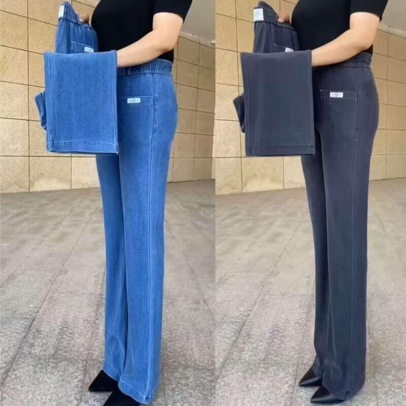 Dámské kalhoty s vysokým pasem z ledového hedvábí s rovnými nohavicemi – Měkký, opraný denim s elastickým splývavým materiálem pro volný, módní vzhled, který omlazuje