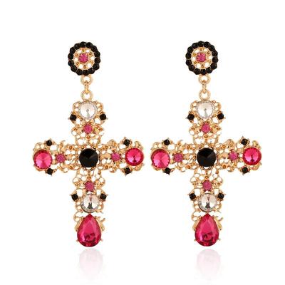 New Arrival Vintage Black Crystal Cross Drop Earrings Women Pink Baroque Bohemian Large Long Earrings Jewelry