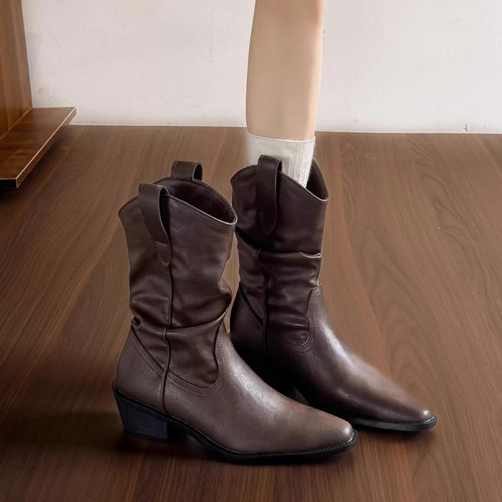 Vintage Western Boots Women's 2025 New Spice Girls Pleated Pants Boots Versatile Skinny Knight Boots Pile Boots Short Boots