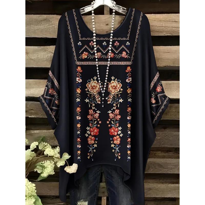Camisetas Oversize Estilo Bohemio Chic Estampado Étnico Vintage Sencillo Dobladillo Irregular Cuello Redondo Top para Mujer Moda Versátil Ropa de Mujer