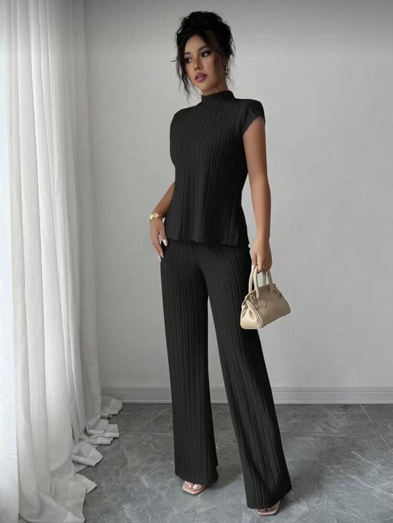 European Women's Solid Color Short-sleeve T-shirt & Ribbed Pants Set - 2025 Style