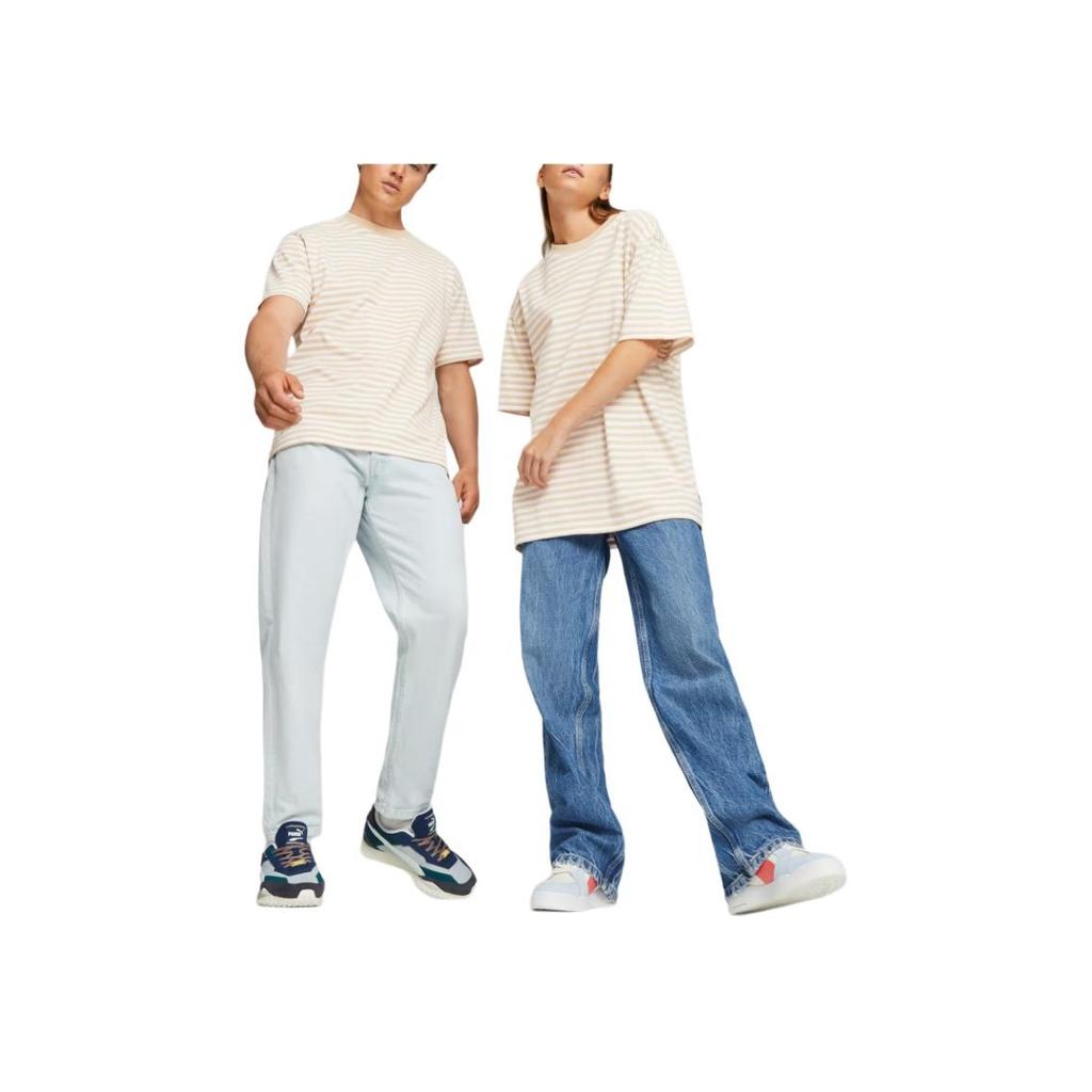 Puma Mmq Service Line Tee Striped Loose Fit Round Neck Short Sleeve T-Shirt Unisex Tops Oatmeal 620839-88