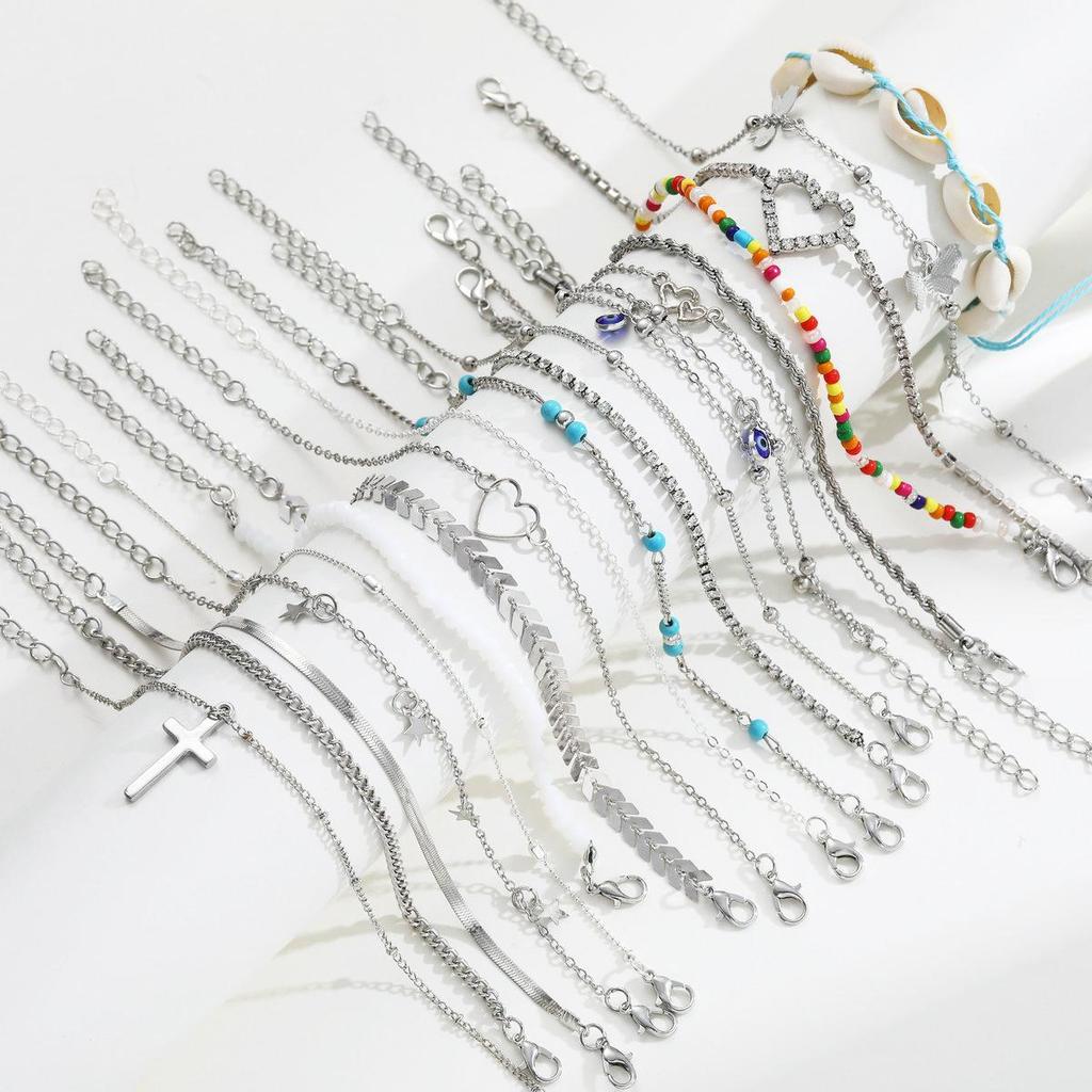 Fashion Chic Multi-Design Anklet Set For Women Elegant Vintage Evil Eye Cross Heart Charm Colorful Bead Anklets Beach Jewelry