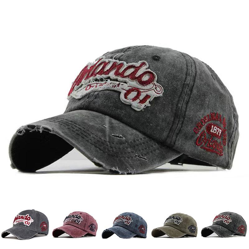Dopis výšivka Praný denim Baseballová čepice Unisex Nastavitelná bavlněná čepice Pánské turistické čepice Snapback Klobouky Divoký klobouk
