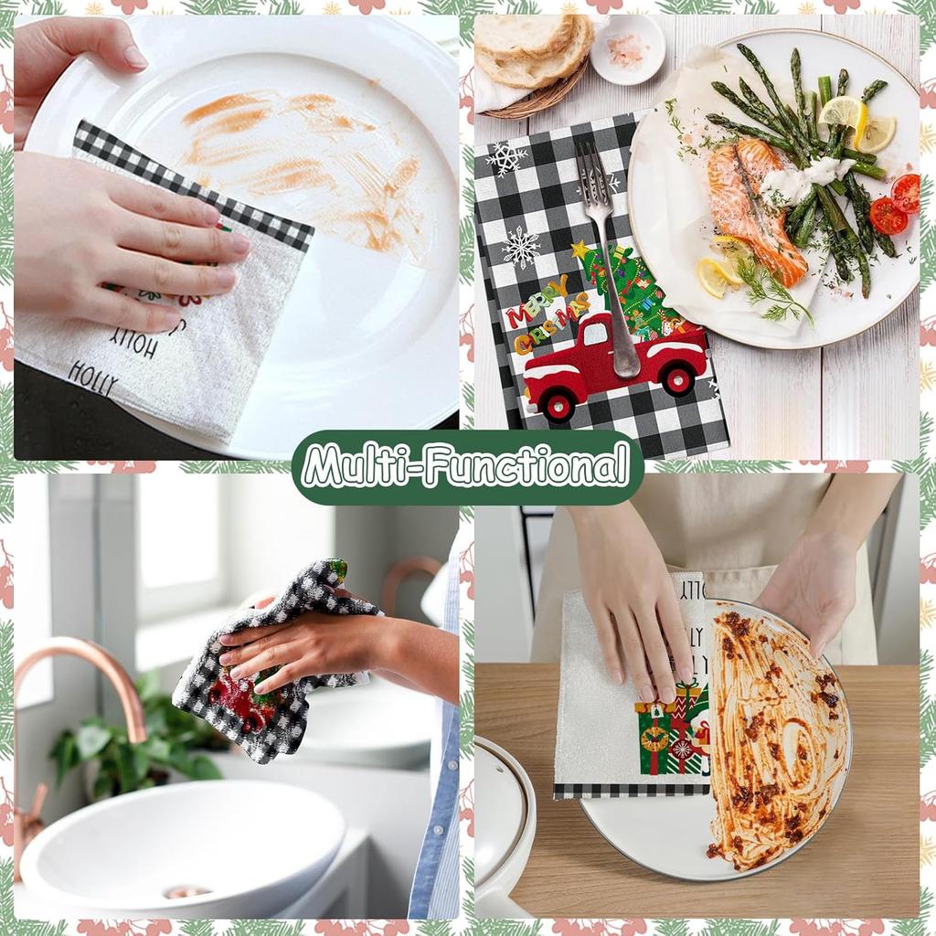 2 Pack Christmas Kitchen Towels and Dish Towels, 16 x 24 Inch Christmas Plaid Truck Tree Gnome Gift Box Absorbent Drying Cloth Tea for Cooking Baking