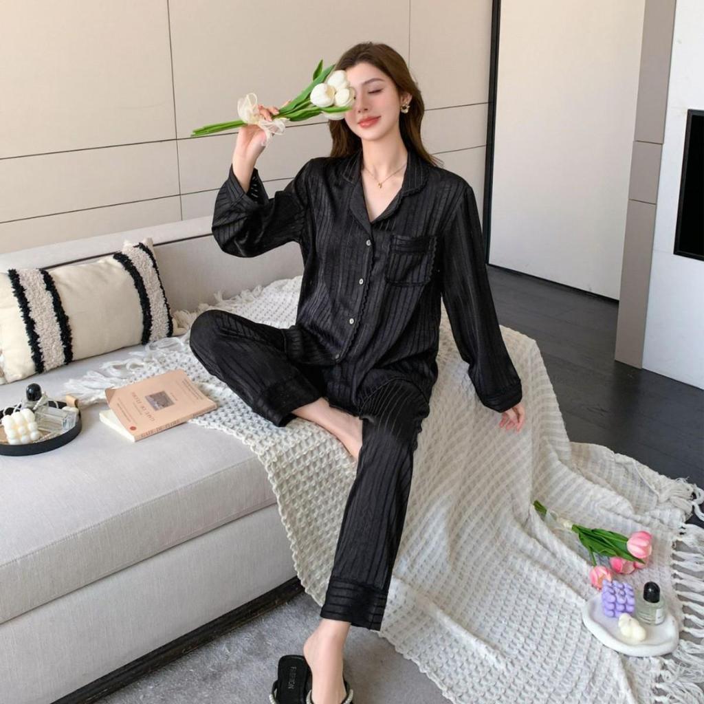 Women's High-End Ice Silk Striped Pajama Set - Spring/Summer Luxury Long Sleeve Jacquard Homewear