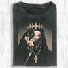 Vintage Washed Nun Shirt, Gothic Dark Religious Aesthetic Tee, Black Cat Occult Art Summer Men's and Women's Washed T-shirt Top