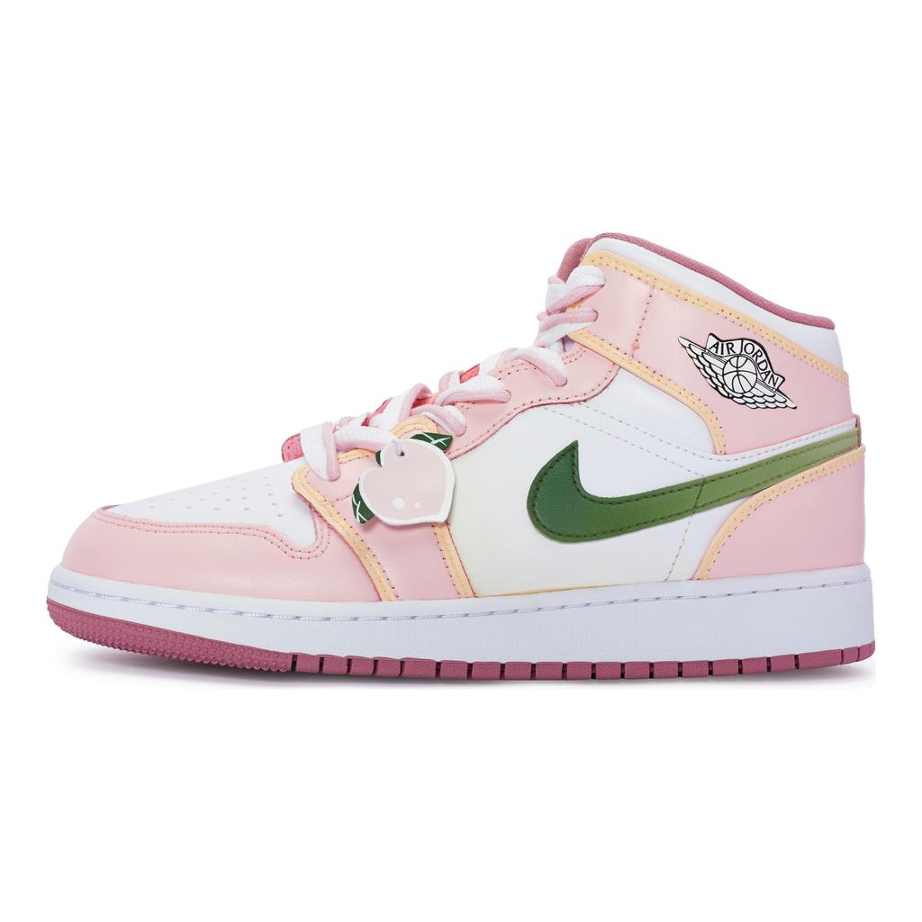 Jordan Air Jordan 1 811 Manufacturing, Peach Oolong Mid top Vintage Basketball Shoes GS Pink White Green DQ8423-616(Team80-)