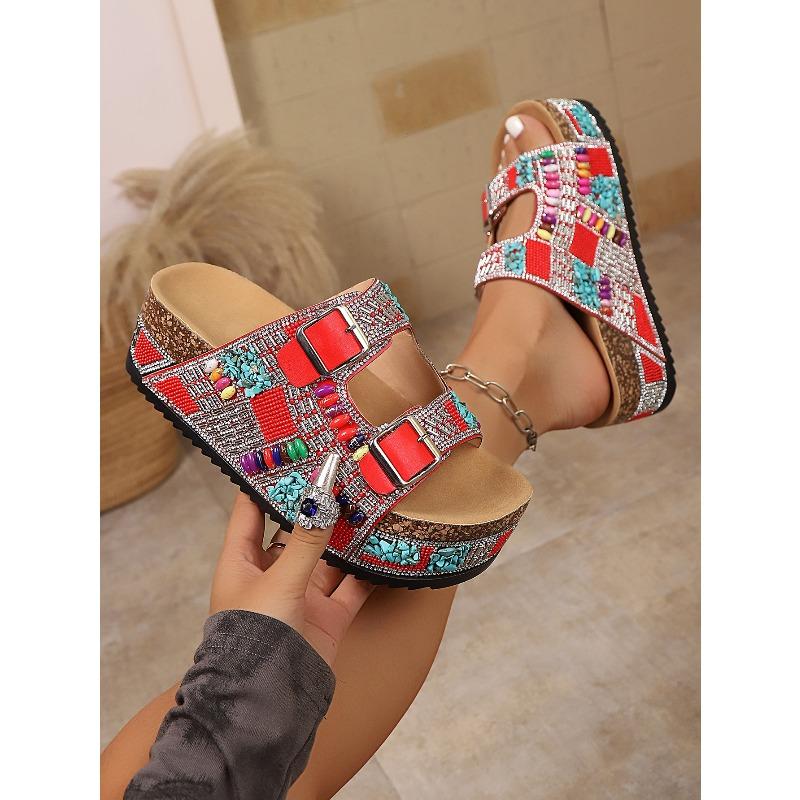 Cork Sandals 2025 Summer New Plus-size Rhinestone Belt Buckle for Women Wearing Platform Slippers