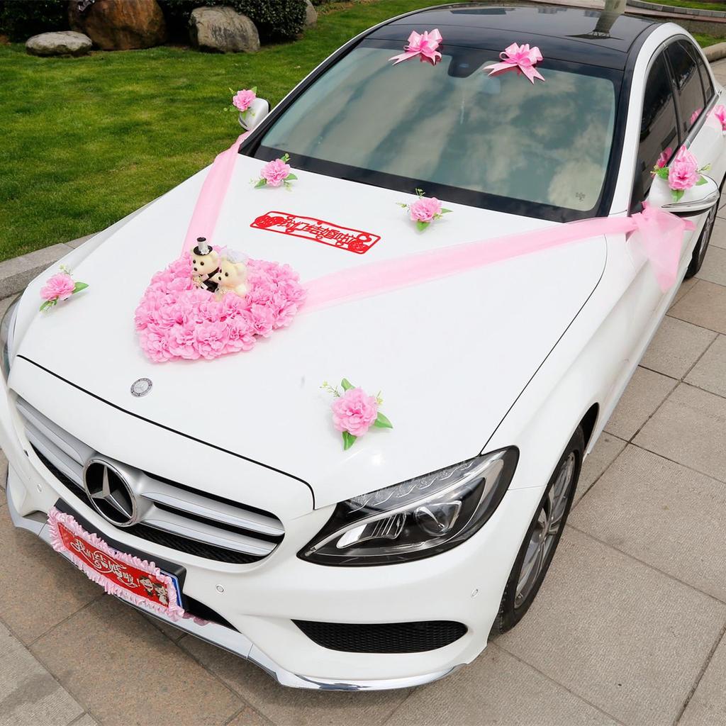 Heart-Shaped Bear Wedding Car Decoration Set - Simulated Flower Arrangement