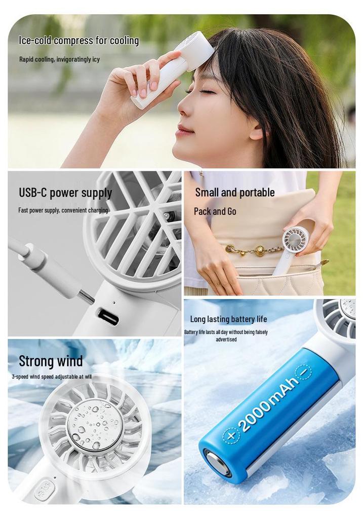 Portable USB Rechargeable Handheld Cooling Fan with Ice Pack