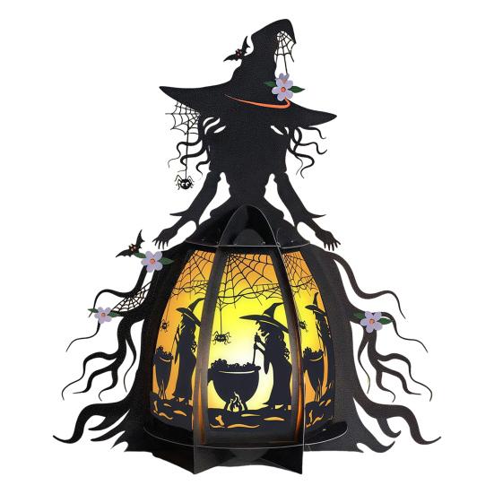 Halloween Witch Lantern 3D Spooky Lantern Light-up Table Centerpiece Gothic Bat Skull Witch Lamp for Home Mantel Entryway Tabletop Decoration