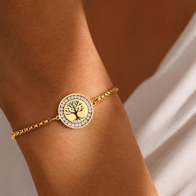 Vintage Lebensbaum Diamantbesetztes Edelstahl Verstellbares Armband