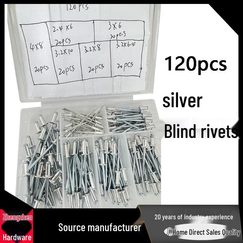 Набор алюминиевых заклепок-пистонов серебристого/черного цвета, 120 шт., в коробке 120pcs Boxed Silver Pull-Type Rivets