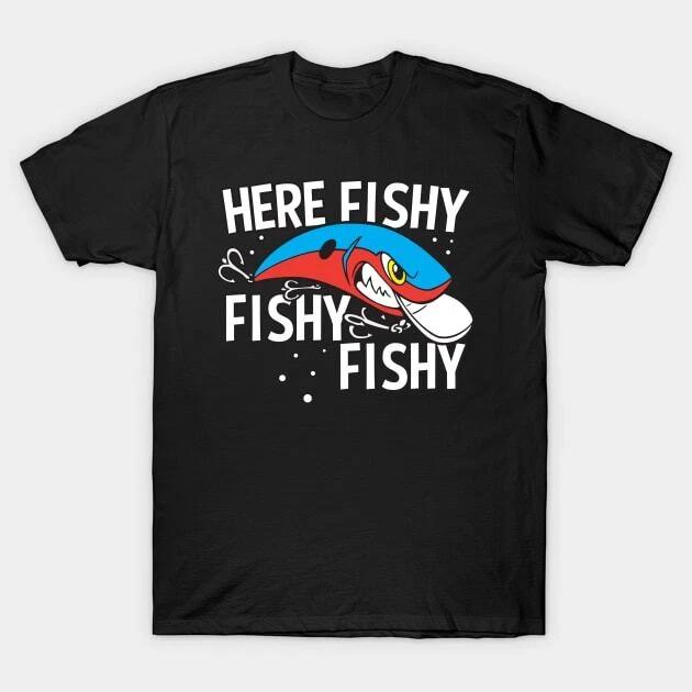Here Fishy Fishy Fishy Funny Fishing Lure Made in Australia T-Shirt L