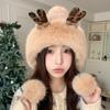 Thick Velvet Lei Feng Hat for Women In Autumn and Winter Cute Deer Antler Fur Ball Warm Ear Protection Hat Outdoor Cold Proof Plush Hat
